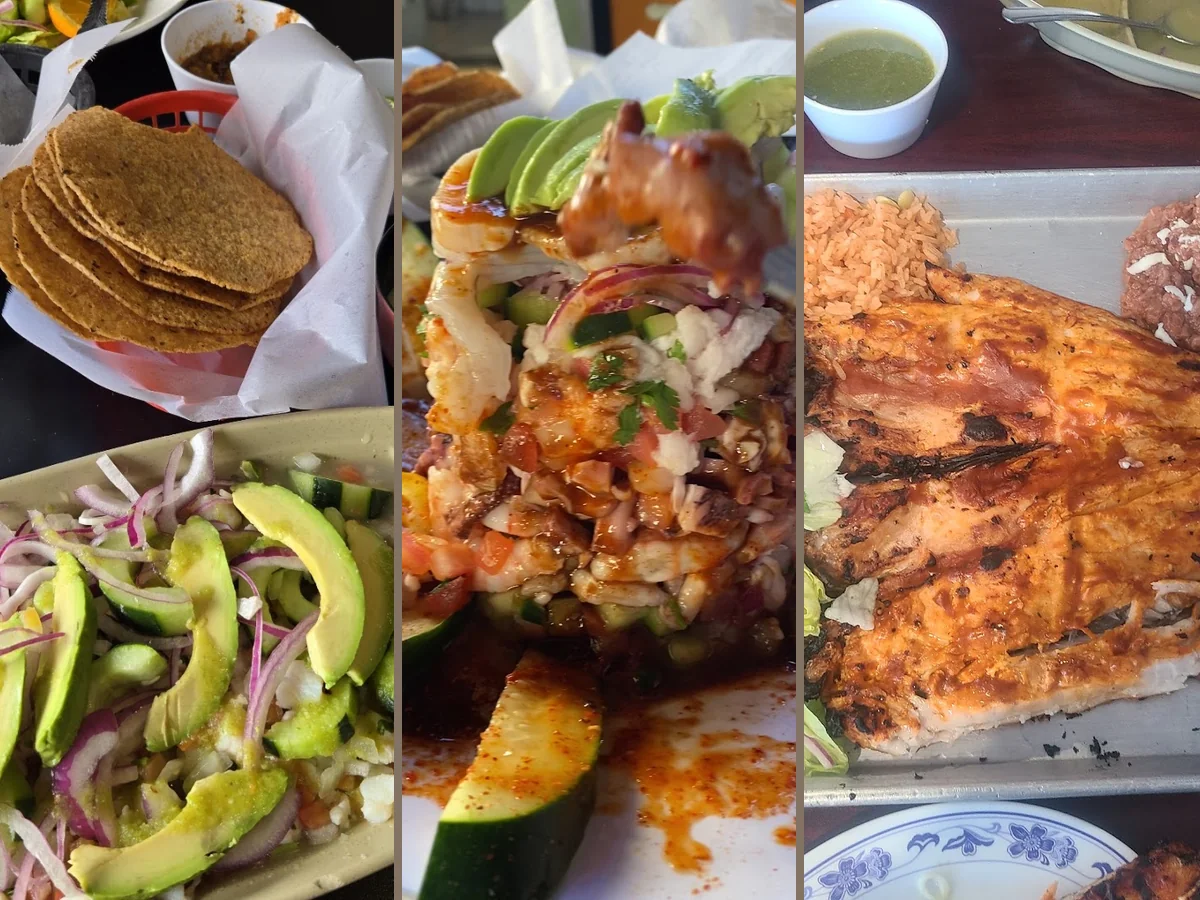 Colorful plates beside simple restaurant seating.