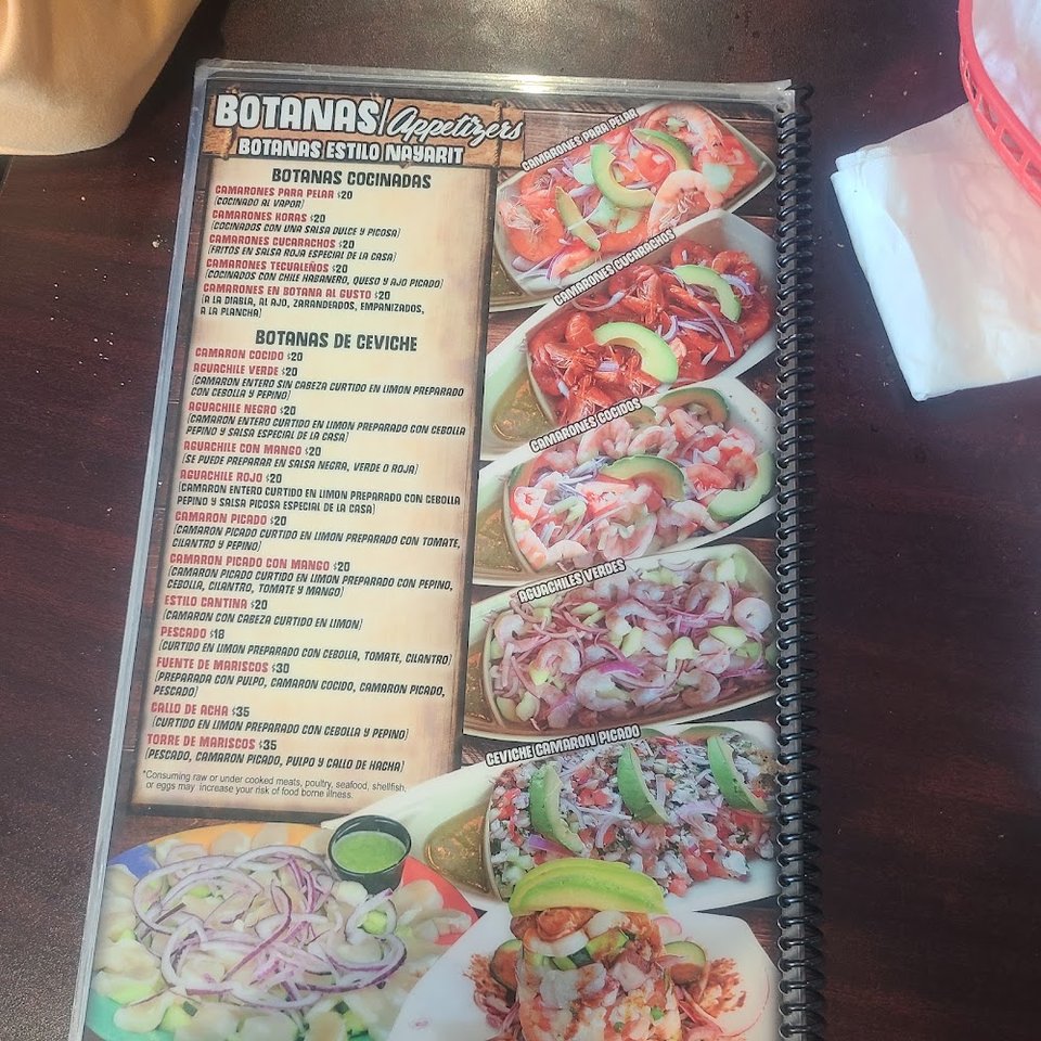 Menu page featuring oysters, shrimp, and burritos.